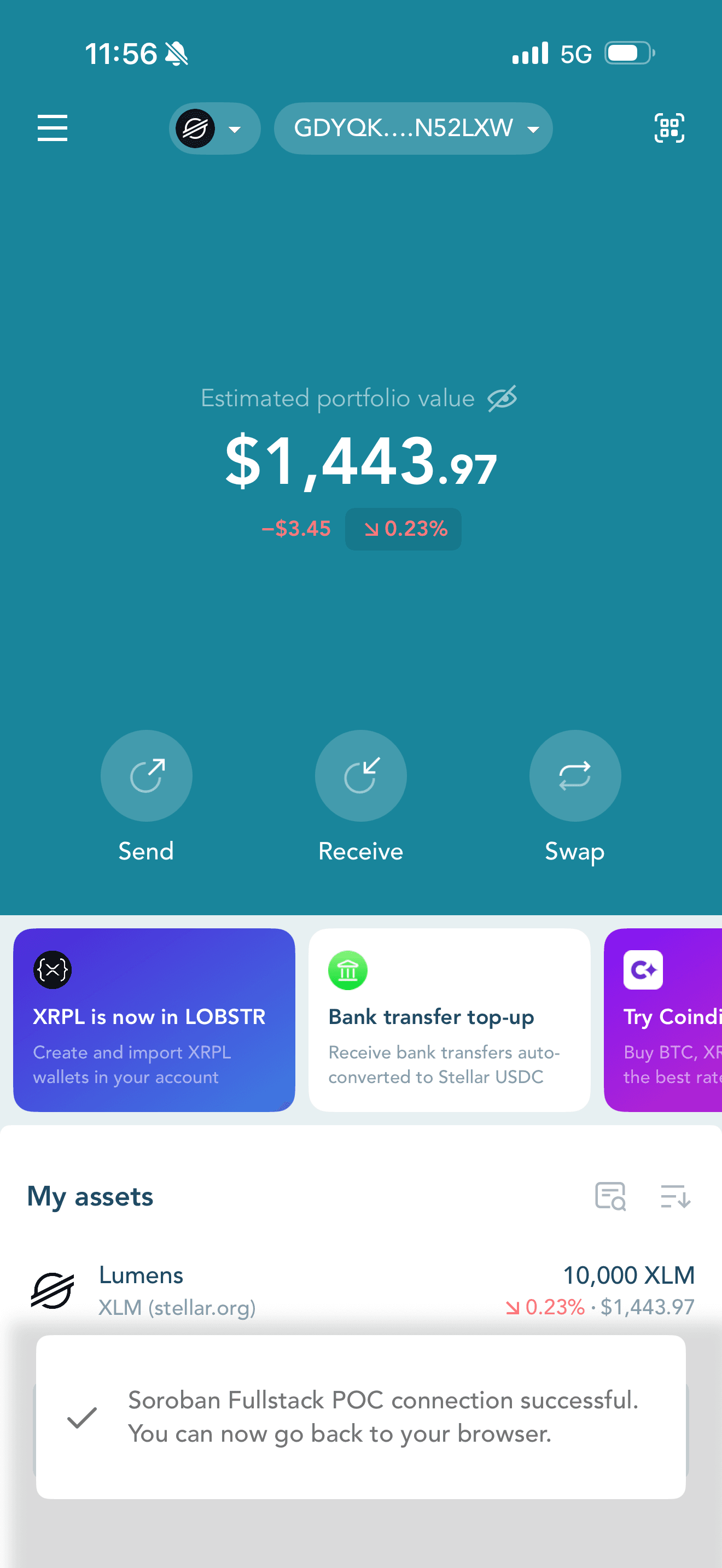 LOBSTR wallet connection successful — Soroban Fullstack POC connection successful