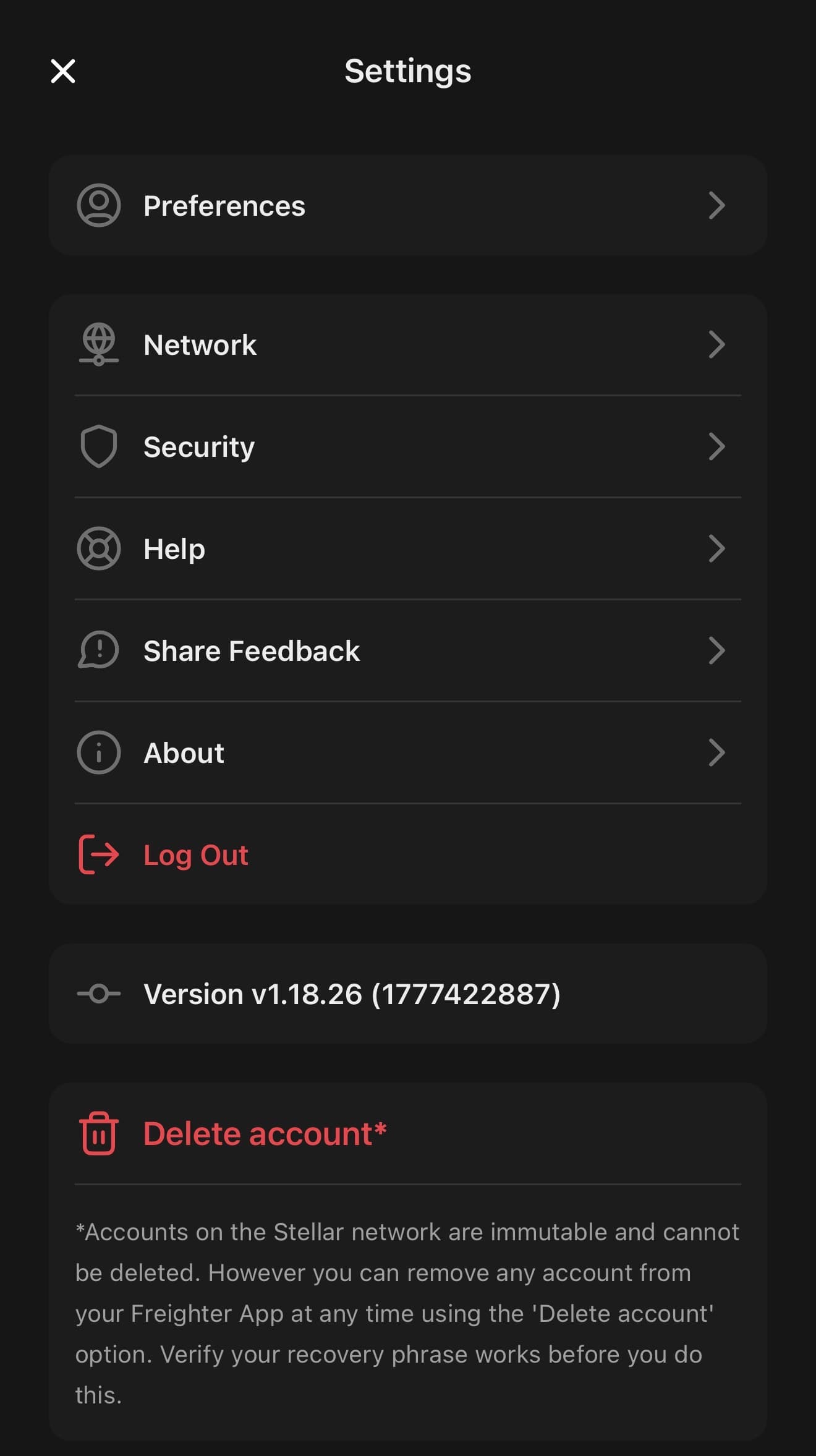 Freighter Settings screen — open Network to change testnet