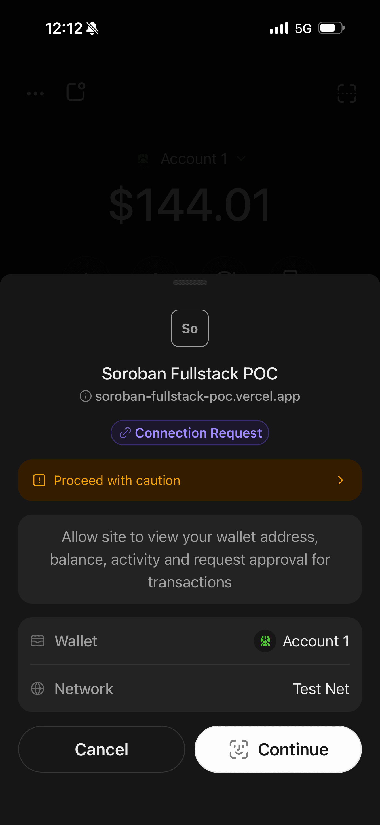 Freighter wallet connection request after scanning QR — Soroban Fullstack POC on Test Net