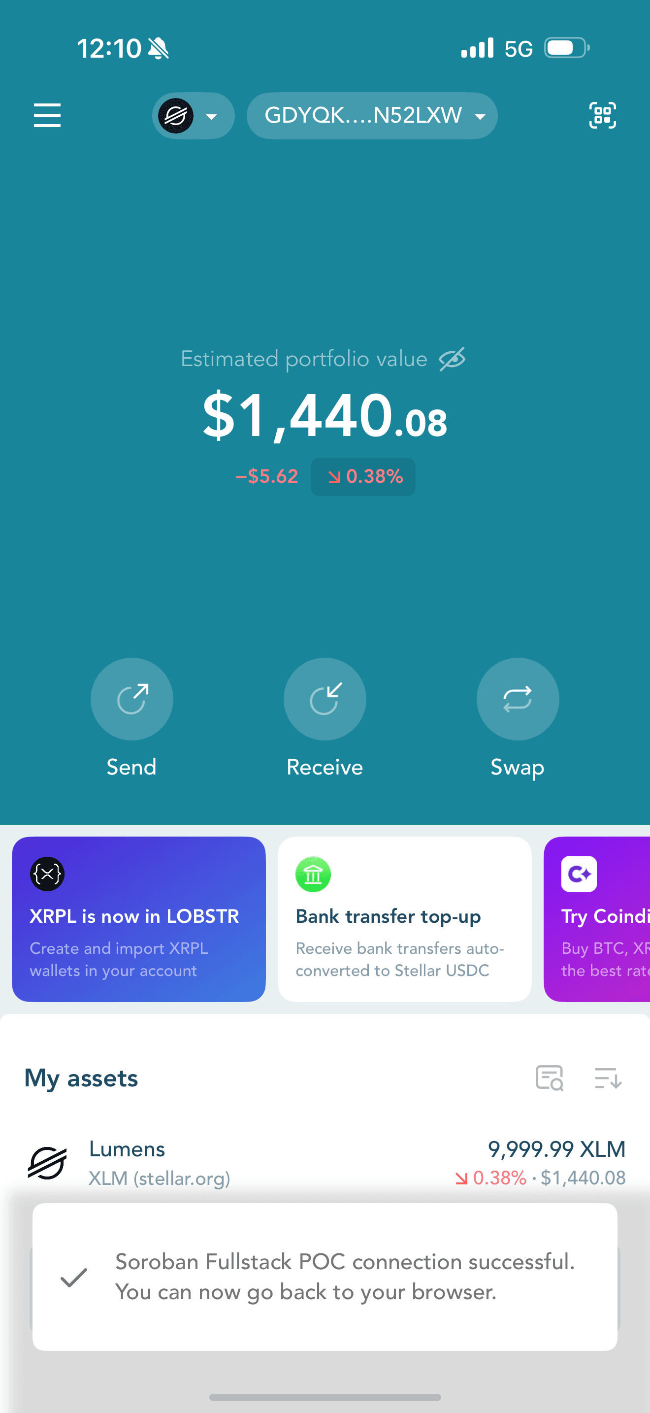 Freighter wallet connection success after connection request — connected to Soroban Fullstack POC