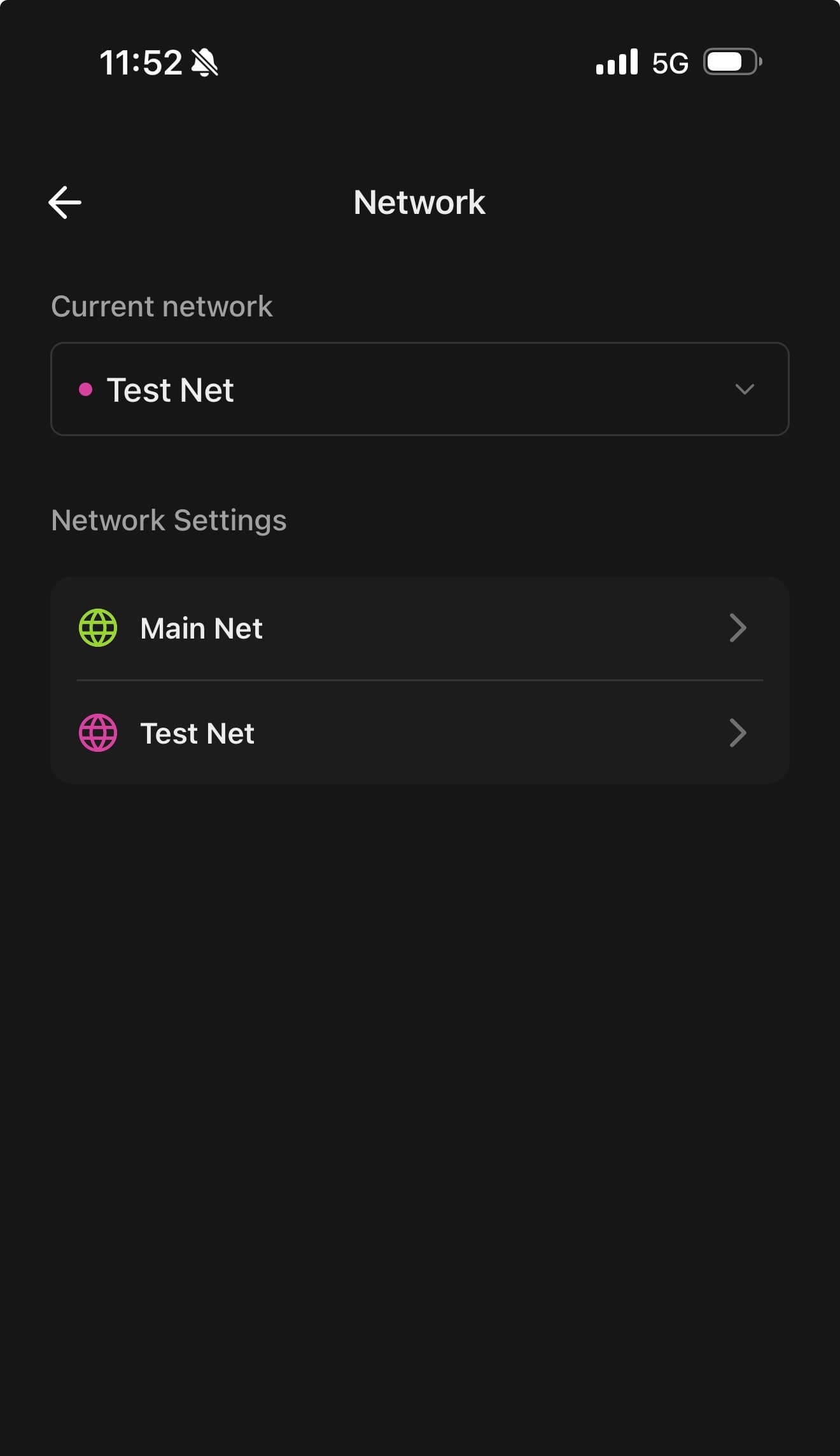 Freighter Network screen with Test Net selected