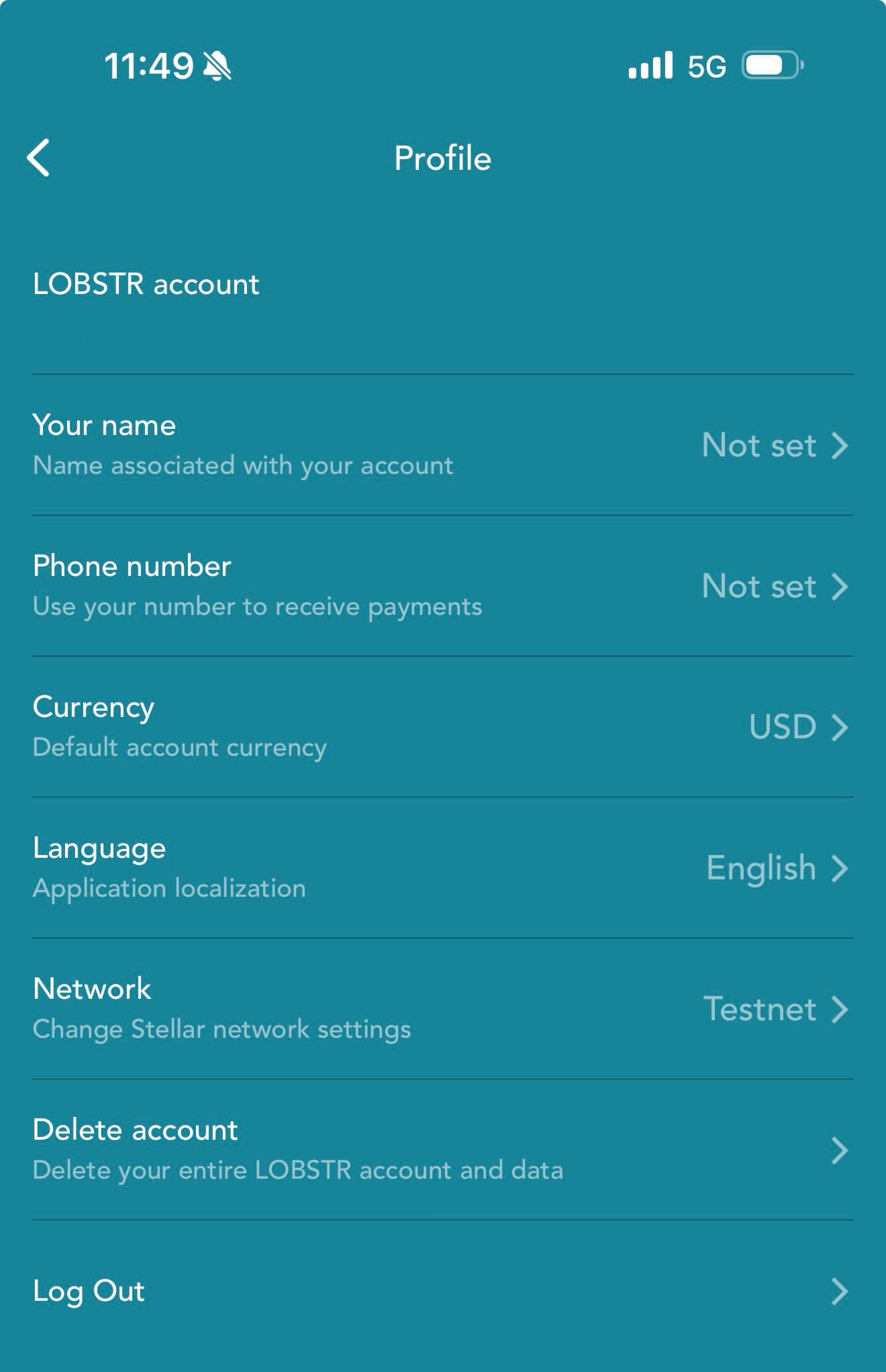 LOBSTR Profile settings with Network set to Testnet