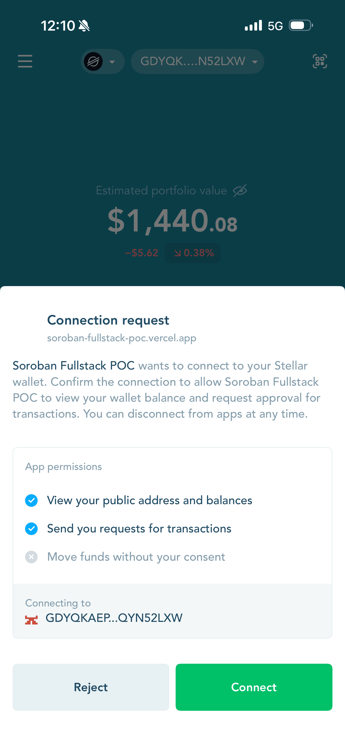 LOBSTR wallet connection request after scanning QR — Soroban Fullstack POC wants to connect