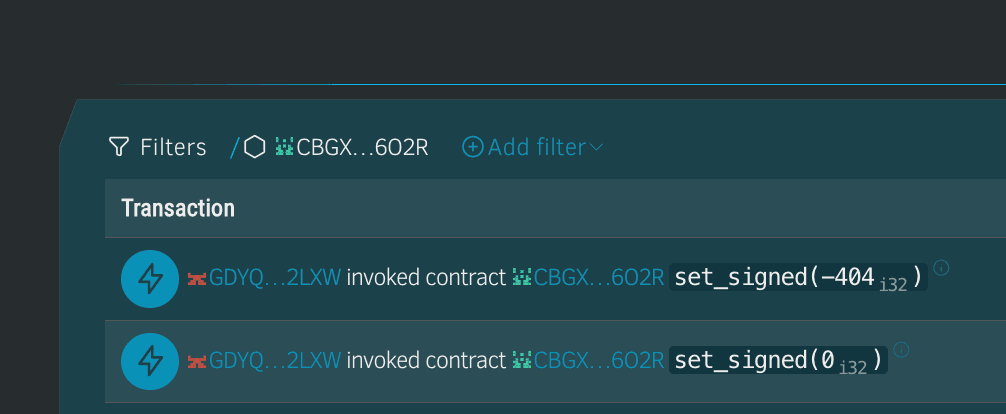 Stellar Expert testnet showing LOBSTR wallet GDYQ invoked set_signed on contract CBGX